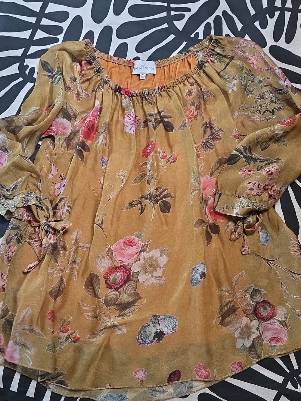 Belle France Chiffon Floral Peasant Blouse in Mustard W/rose, Green And White XL